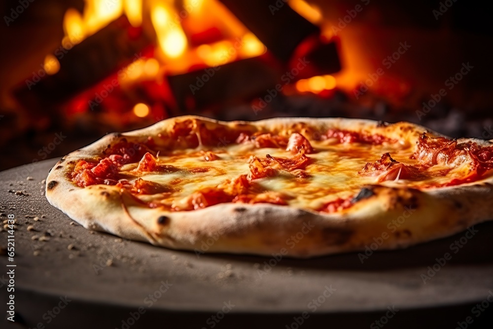 Freshly baked pizza closeup, traditional wood fired oven background.