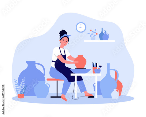 Woman making ceramic vase in workshop vector illustration. Equipment for pottery and ceramic products, handmade tableware for home decoration. Craft, hobby, sculpting tranquility concept
