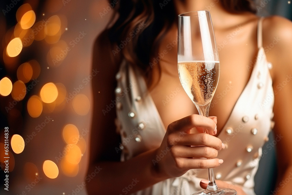 New Year's Elegance. A Beautiful and Fit Latina in a Gala Gown Holds Champagne with Crossed Legs, Exuding Elegance and Seduction. New Year's Allure