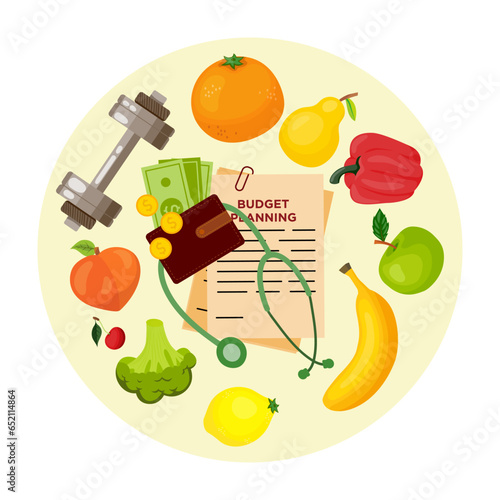 Healthy food and budget planning vector illustration. Fresh affordable fruit, vegetables, fitness equipment and health care service for keeping fit. Wellness, finance, healthy lifestyle concept