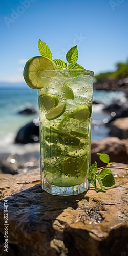 Stunning photo of cocktail mojito, a sunny summer beach in the background.