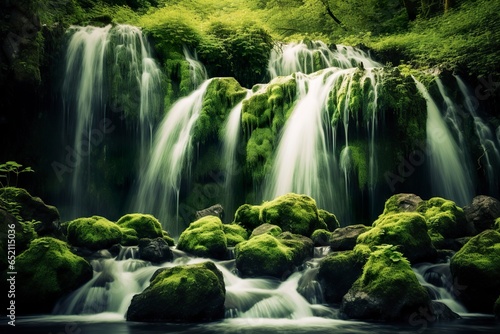 Waterfall landscape with rocks covered in green moss.