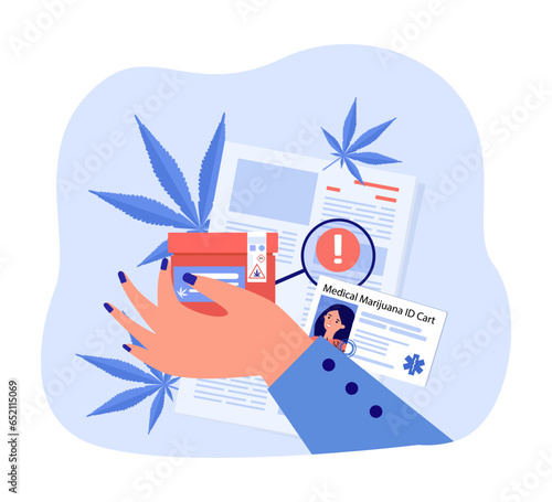 Hand holding cannabis package vector illustration. Sellers complying with legal regulations, labeling product, making medical marijuana ID card. Cannabis compliance and legalization concept