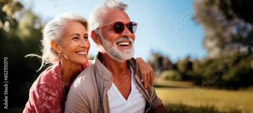 Seniors sharing a loving gaze and laughter in the park - Generative AI