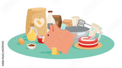Economic benefits of home cooking vector illustration. Cooking utensils, whisk, flour, cake with piggy bank, saving money by eating at home. Nutrition and budgeting, wellness concept