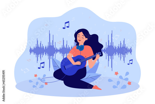 Happy woman playing guitar to calm down vector illustration. Female musician enjoying song and playing musical instrument to relax and express emotions. Music meditation, self-expression concept
