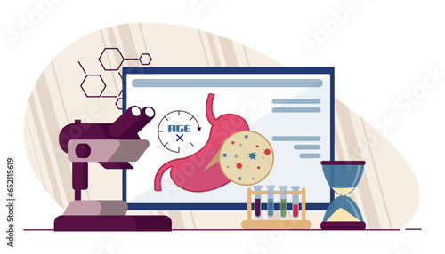 Inflammatory bacteria accelerating aging vector illustration. Lab equipment, microscope, test tubes and hourglass on table, scientist studying influence of gut ecosystem on age. Health care concept