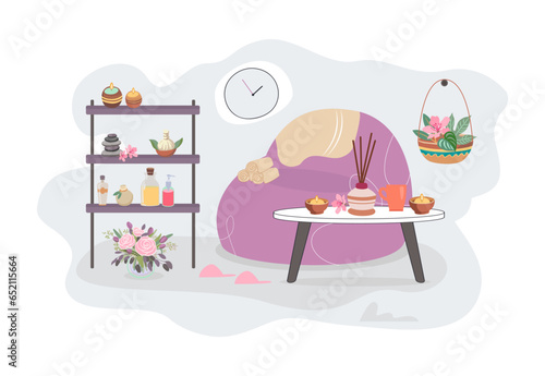 Spa salon or cozy room with self-care items vector illustration. Cartoon drawing of cosmetic products for skincare or health, incense, beauty salon interior. Beauty, cosmetology, wellness concept