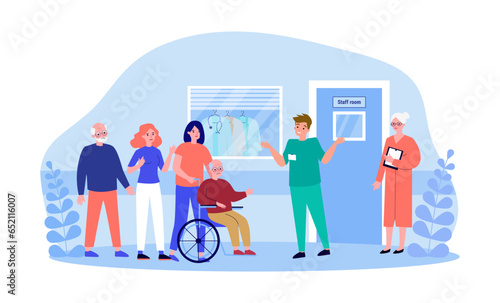 Crowd of angry patients waiting in line vector illustration. Tired doctor and nurse struggling to consult many people. Health workforce shortage, recruiting problem, medicine concept