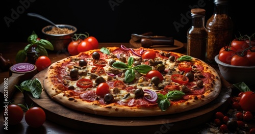 freshly baked pepperoni pizza on rustic wooden table