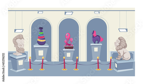 Modern sculpture exhibition at museum vector illustration. Drawing of sculptural showcase at gallery, sculptures of human head, lion, horse, vase and abstract shape. Creativity, art exhibition concept