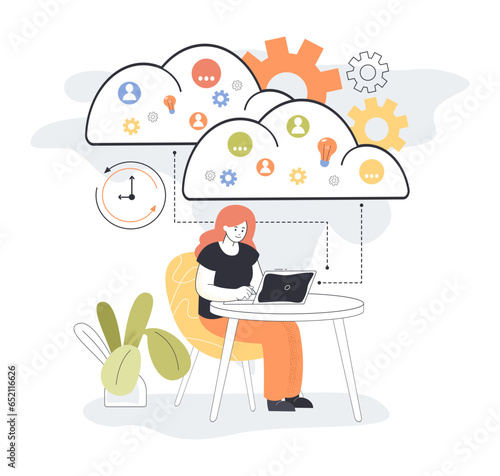 Happy worker managing files via cloud space vector illustration. Cartoon drawing of girl with laptop connected to digital storage system. Network, cyberspace, database, technology concept