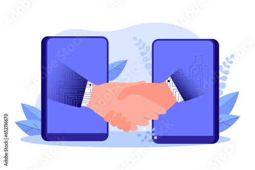 Virtual handshake of remote partners vector illustration. Digital hands reaching from smartphone screens, businessmen collaborating and communicating online. Virtual meeting, business concept