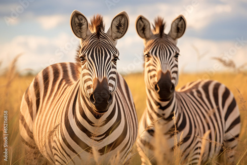 two cute zebra animals on the grassland