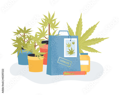 Cannabis growing in pots vector illustration. Shopping bag and containers with legal drug for personal use and cultivation allowed by law. Legalization of cannabis, medicine, business concept