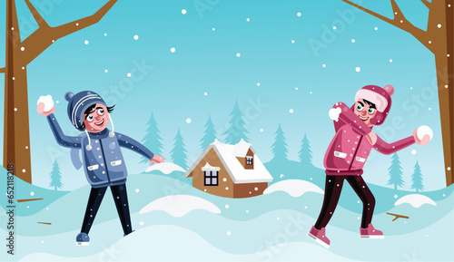 Happy Children Playing throwing Snowballs