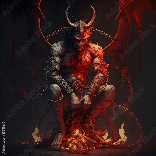 full body image satan is a sad ans loser defeated red dragon imprisioned by spiritual chains in the abyss 