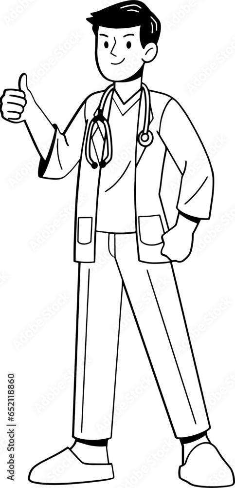 Male hospital doctor standing with friendly face, character line art ...