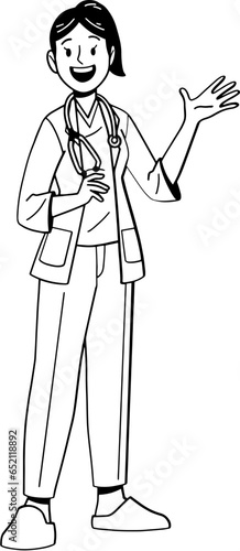 Woman hospital doctor standing and smiling, character outline vector