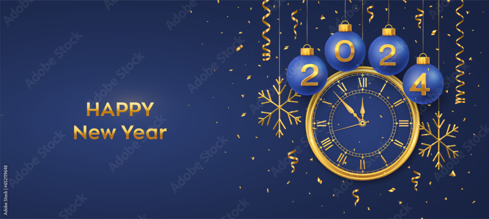 Happy New Year 2024. Hanging Blue Christmas bauble balls with realistic gold 3d numbers 2024 and snowflakes. Watch with Roman numeral and countdown midnight, eve for New Year. Merry Christmas. Vector.