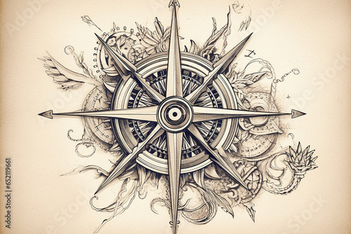 AI Generate A compass rose with intricate nautical elements tattoo photo