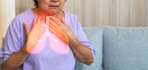 Canvas Print Sick senior women touching neck unwell coughing with sore throat pain,lung cancer,bronchitis,Bronchial Asthma,Tuberculosis,pneumonia,covid-19,eco air pollution pm2