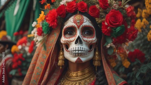 Dia de los Muertos, Day of the Dead, woman with sugar skull makeup on floral background.Calavera Katrina Halloween. Generative ai