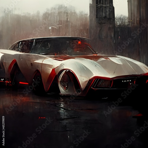 concept vechicle muscle car chevrolett space car brutal shape front view full size concept no crop Kevin Le Moigne style and colors sculpture white bones high level of detail Organic intricated  photo