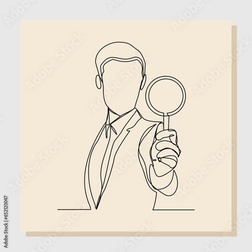 Continuous single one line sketch hand drawn drawing of business man hold magnifying glass to analyze work. Vector illustration