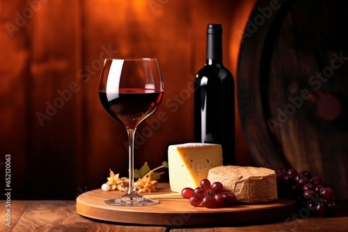 Vineyard Elegance. A Rustic Showcase: Wine, Cheese, and Grapes on a Wooden Table, Surrounded by a Winery's Vintage Charm. Wine Connoisseur's Paradise AI Generative.