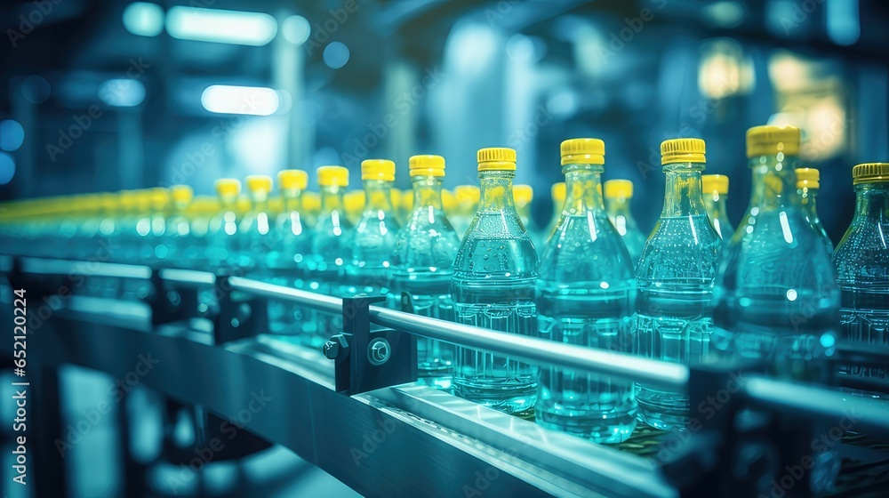 Conveyor belt in bottling plant processing drink bottles. generative AI