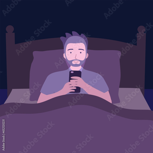 Man using smartphone in dark room flat design. Guy addict social media and sleep late. Insomnia. Blue light from smartphone reflecting eyes.