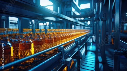 Conveyor belt in bottling plant processing drink bottles. generative AI