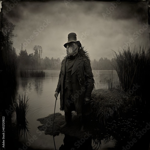 large fish person lurking in a the far background of a swamp very dark black nightime rainy day mist dramatic light 1800s photography evening very dark Mathew Brady style realistic grainy photo 