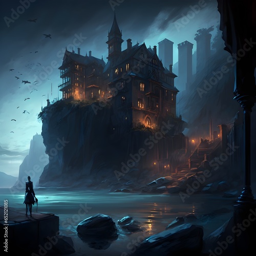 multiple buildings waterfront cliffside maddening scope cityskyline magical center building medieval city medieval noir cityscape art concept art concept art full landscape landscape art fantasy neo 