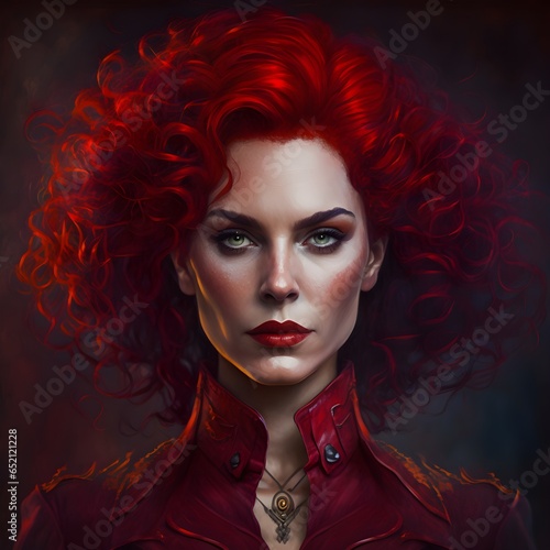 attractive middle aged woman curly crimson hair Dark features Red surroundings Opulent Dark fantasy gothic 
