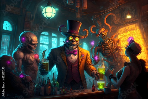 robots throwing a raucous party filled with illustrious gangsters and sinister aliens a prohibition bar setting with an evil clown bartender 