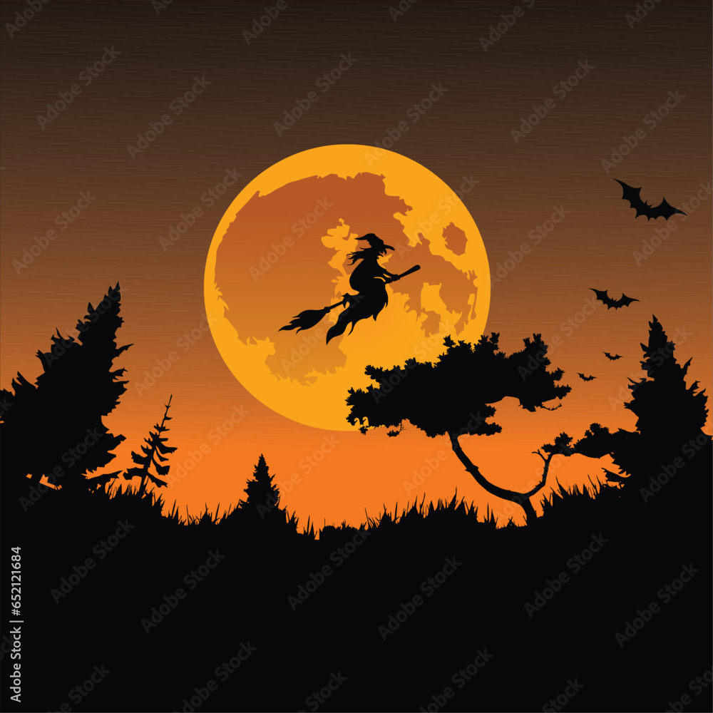 Halloween background vector with witch flying above bushes under full moon and bats
