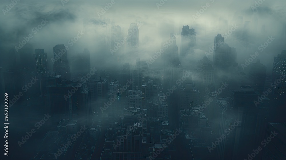 A cityscape shrouded in thick fog, in which tall skyscrapers disappear. - obrazy, fototapety, plakaty 
