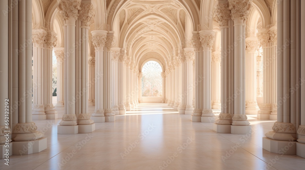 An elegant corridor with rows of tall marble columns on both sides.