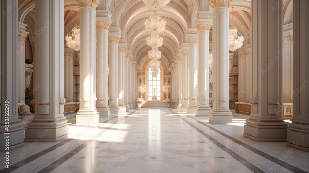 An elegant corridor with rows of tall marble columns on both sides.