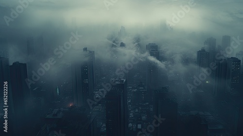 A cityscape shrouded in thick fog  in which tall skyscrapers disappear.