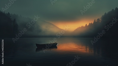 A view of a lake covered with fog, along which a lonely boat drifts silently.