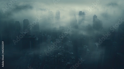 A cityscape shrouded in thick fog, in which tall skyscrapers disappear.