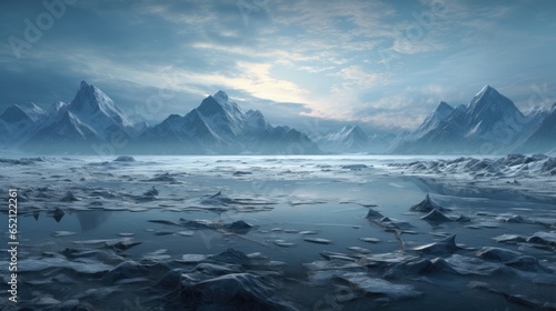 A vast frozen wasteland with icy terrain and snow-capped mountains in the distance.