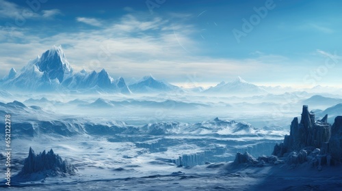 A vast frozen wasteland with icy terrain and snow-capped mountains in the distance.