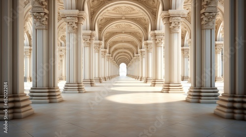 Obraz na płótnie An elegant corridor with rows of tall marble columns on both sides