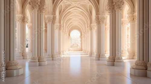 An elegant corridor with rows of tall marble columns on both sides. © kept