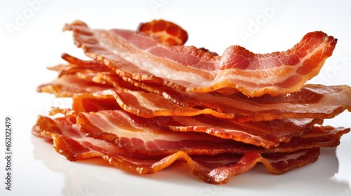Close-up of crispy bacon slices on a white background.