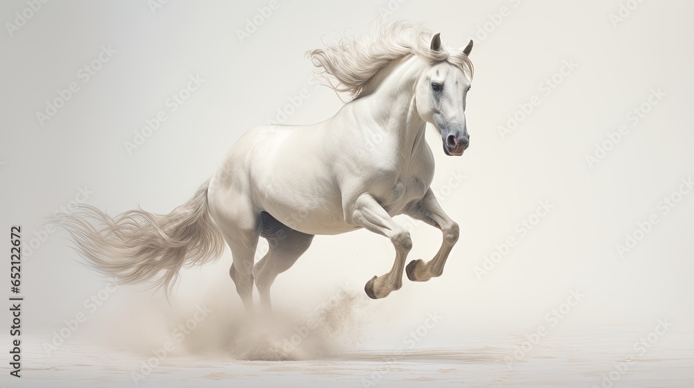 Fototapeta premium Image of a lonely white horse on a white background.